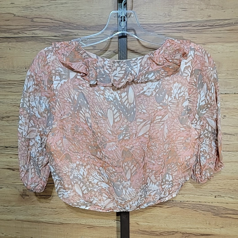 Sage the Label Size XS Peach Print V-Neck Puff Sleeve Blouse NWT