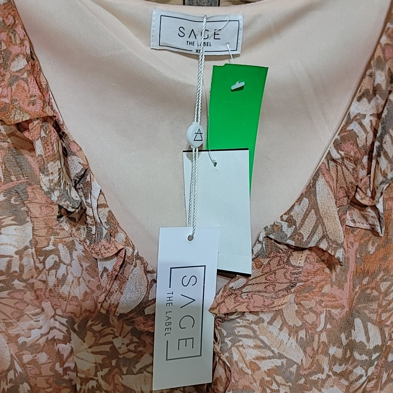 Sage the Label Size XS Peach Print V-Neck Puff Sleeve Blouse NWT