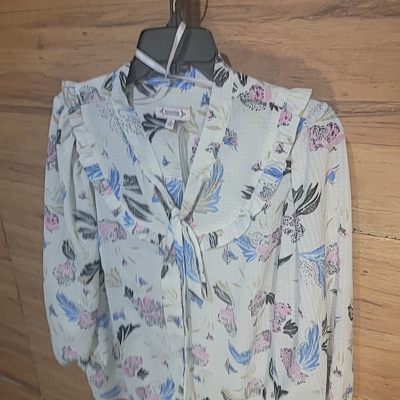 Nanette Lepore Size XL Pink & Blue Floral Pussycat Bow Neckline Blouse NWT