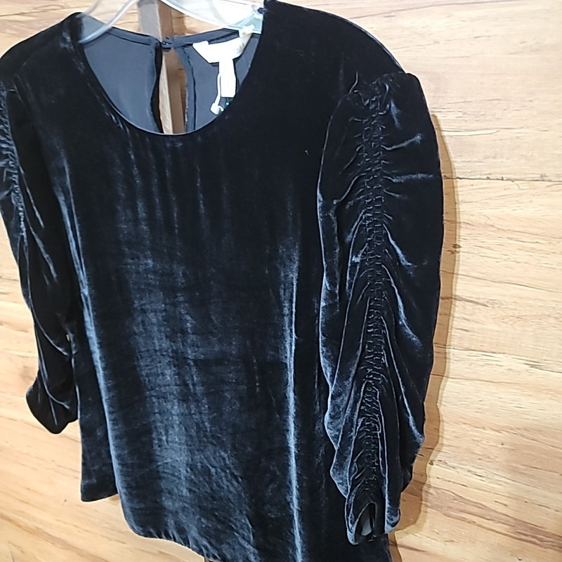 Rebecca Taylor Size 4 Black Velvet Ruched 3/4 sleeve Knit Top NWT