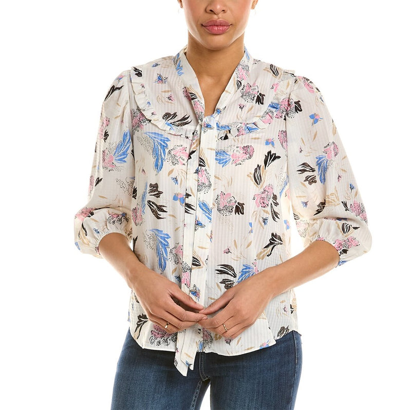 Nanette Lepore Size XL Pink & Blue Floral Pussycat Bow Neckline Blouse NWT