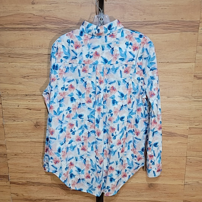 Beulah Size One Size Pink & Blue Floral Print Button Down  Blouse NWT