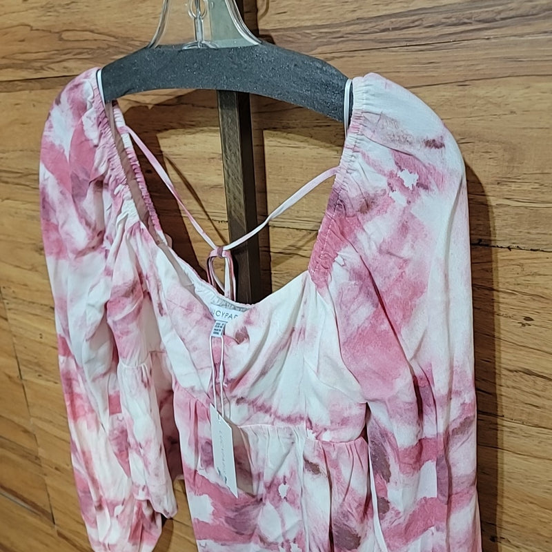 Lucy Paris Size S Pink Tie-Dye Bishop Sleeve Cropped Blouse NWT