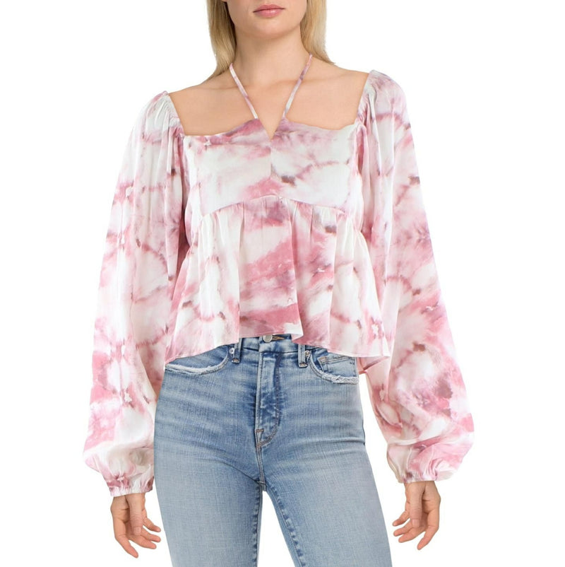 Lucy Paris Size M Pink Tie-Dye Bishop Sleeve Cropped Blouse NWT