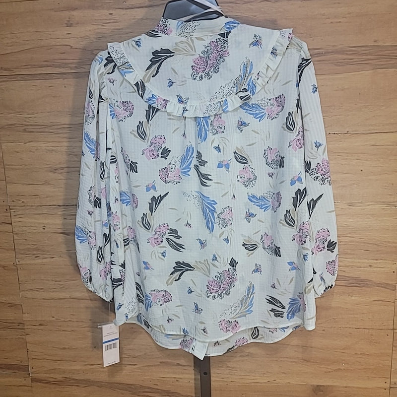 Nanette Lepore Size XL Pink & Blue Floral Pussycat Bow Neckline Blouse NWT