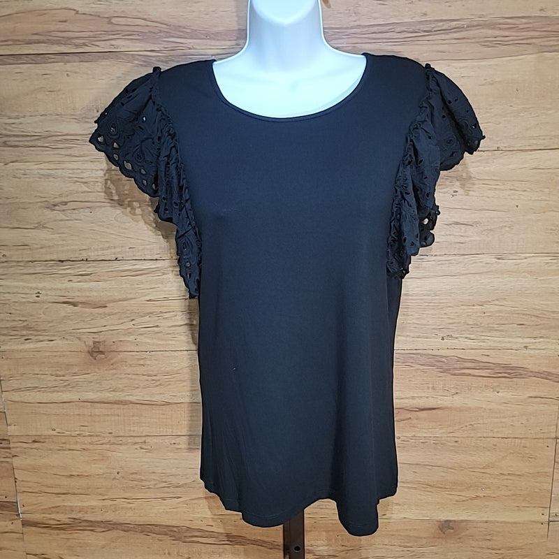 Patricia Luca Size XS Black Eyelet Ruffled Sleeve Crewneck Pullover NWT