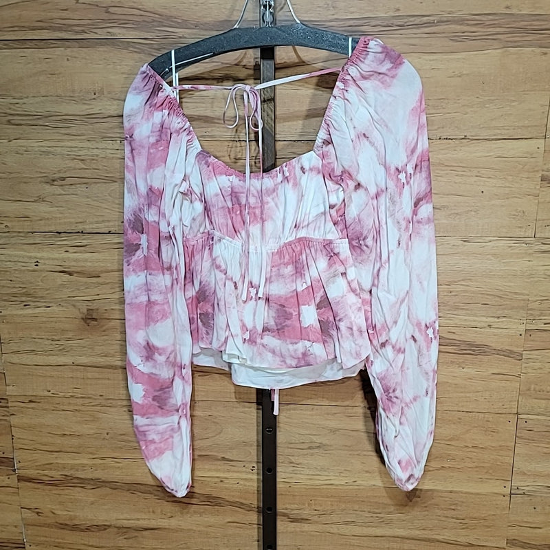 Lucy Paris Size XS Pink Tie-Dye Bishop Sleeve Cropped Blouse NWT