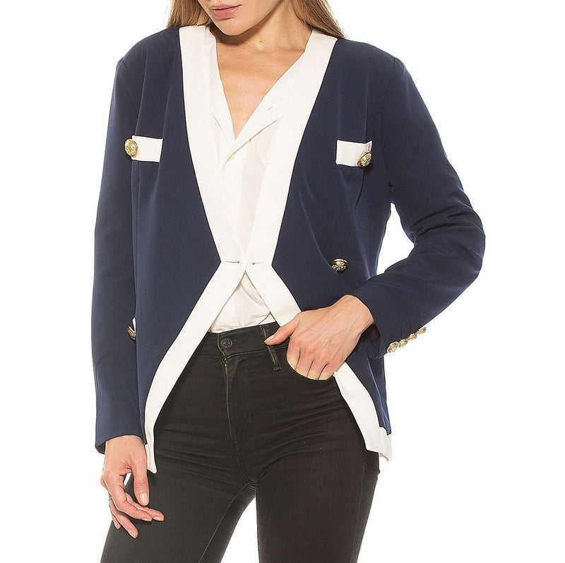 Alexia Admor Navy Blue Cream Size S Emele Career Office Collarless Blazer NWT