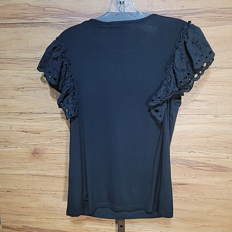 Patricia Luca Size XS Black Eyelet Ruffled Sleeve Crewneck Pullover NWT