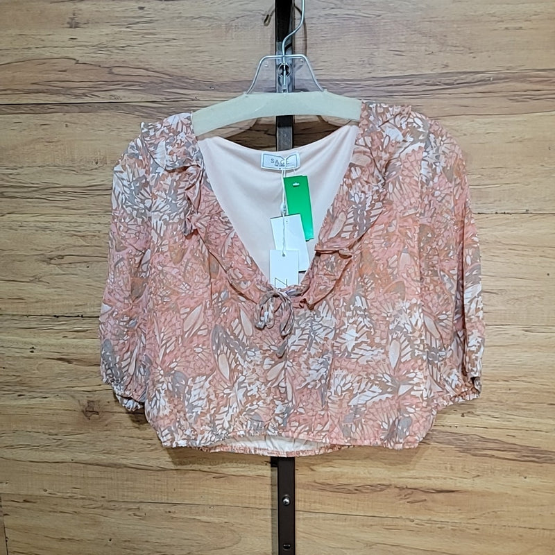 Sage the Label Size M Peach Print V-Neck Puff Sleeve Blouse NWT