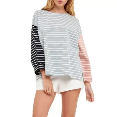 English Factory Size S Green Pink Black Striped Color Block Long Sleeve Tee NWT