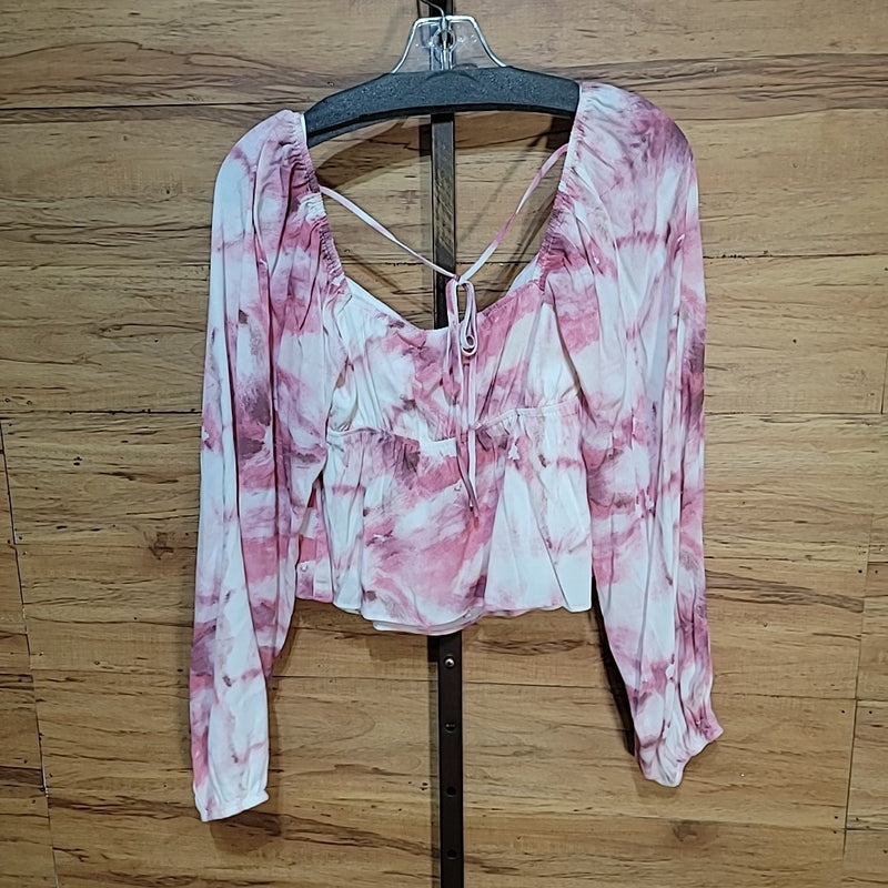 Lucy Paris Size S Pink Tie-Dye Bishop Sleeve Cropped Blouse NWT