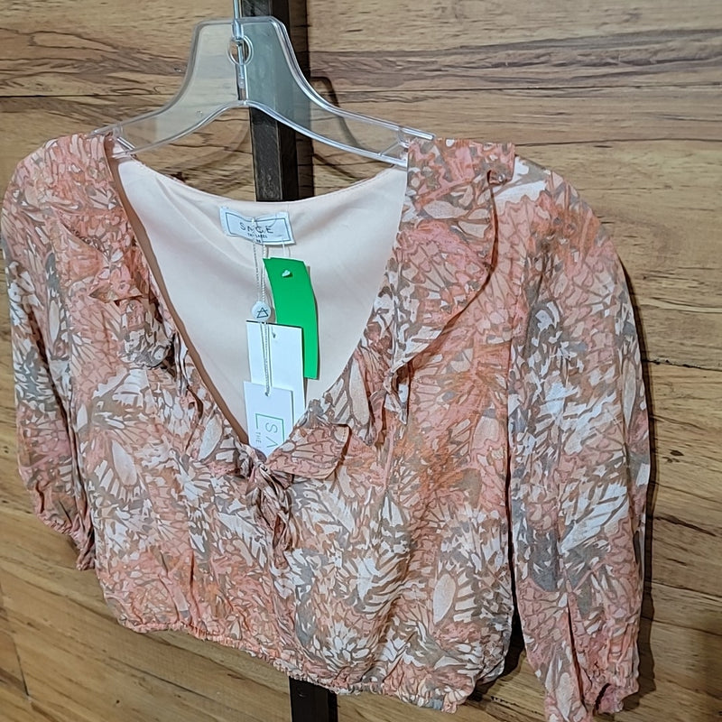 Sage the Label Size XS Peach Print V-Neck Puff Sleeve Blouse NWT