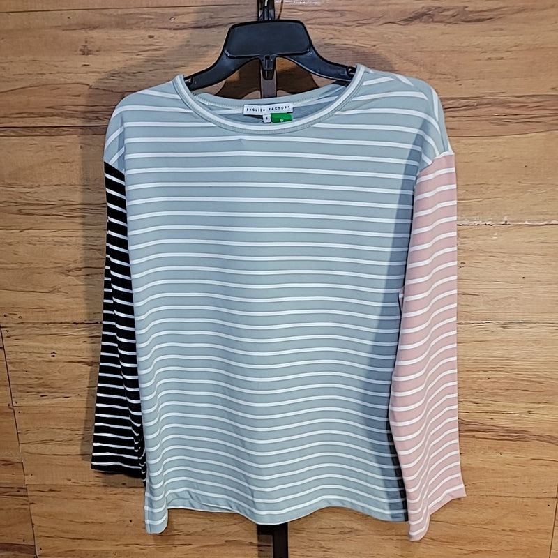 English Factory Size S Green Pink Black Striped Color Block Long Sleeve Tee NWT