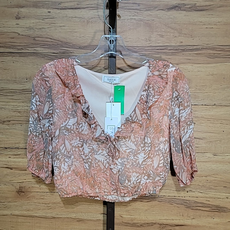 Sage the Label Size XS Peach Print V-Neck Puff Sleeve Blouse NWT