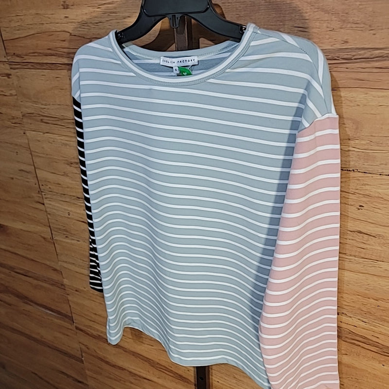 English Factory Size S Green Pink Black Striped Color Block Long Sleeve Tee NWT