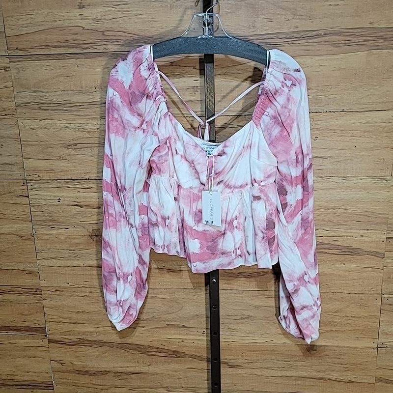 Lucy Paris Size S Pink Tie-Dye Bishop Sleeve Cropped Blouse NWT