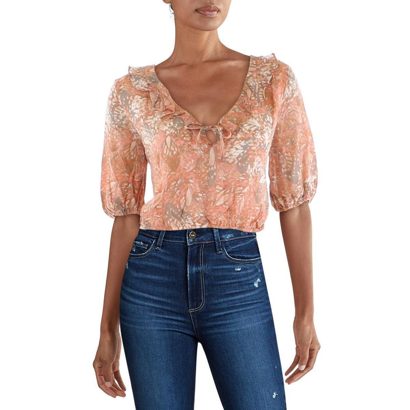 Sage the Label Size XS Peach Print V-Neck Puff Sleeve Blouse NWT