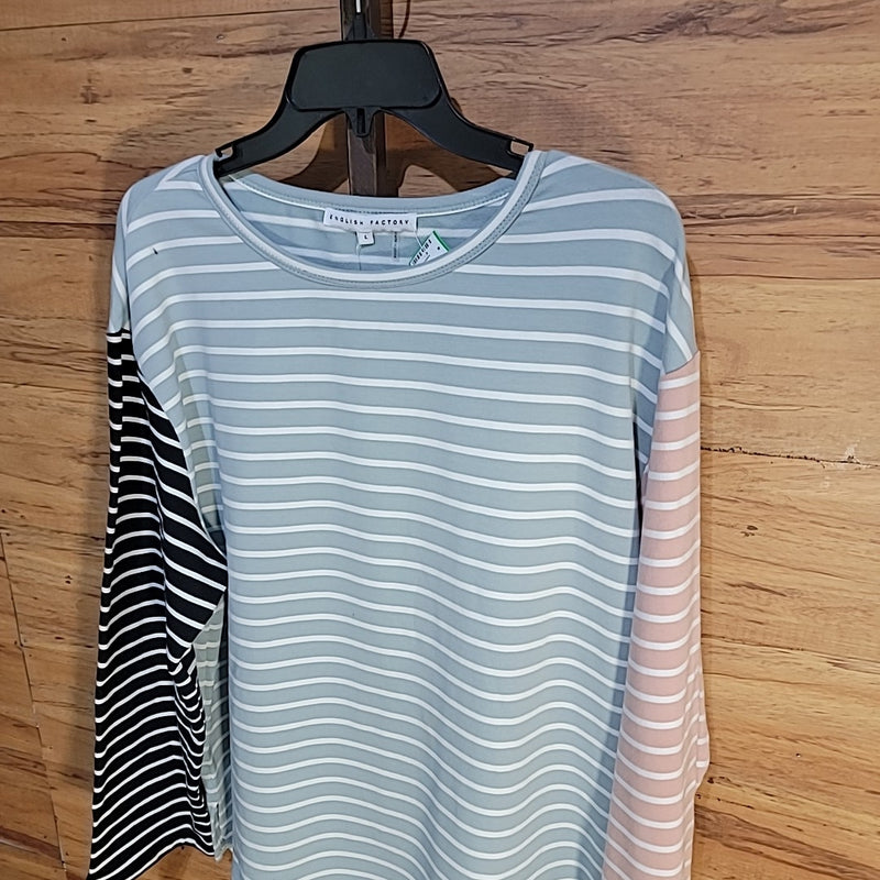 English Factory Size L Green Pink Black Striped Color Block Long Sleeve Tee NWT