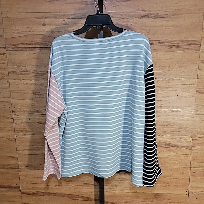 English Factory Size L Green Pink Black Striped Color Block Long Sleeve Tee NWT