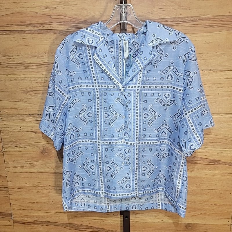 Avantlook Size L Blue Paisley Button Down Blouse NWT