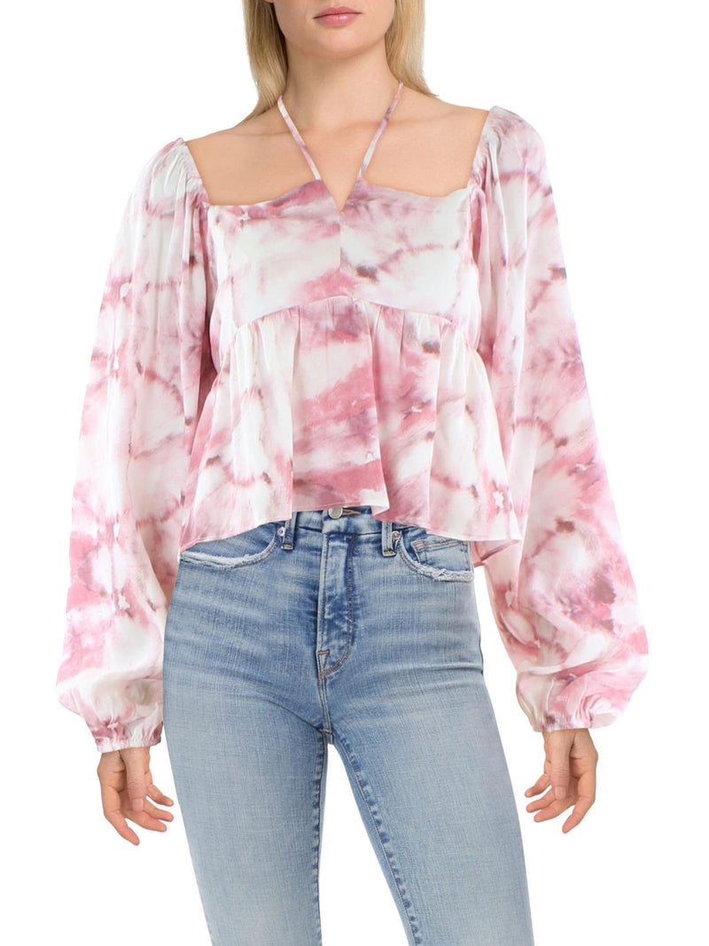 Lucy Paris Size XS Pink Tie-Dye Bishop Sleeve Cropped Blouse NWT