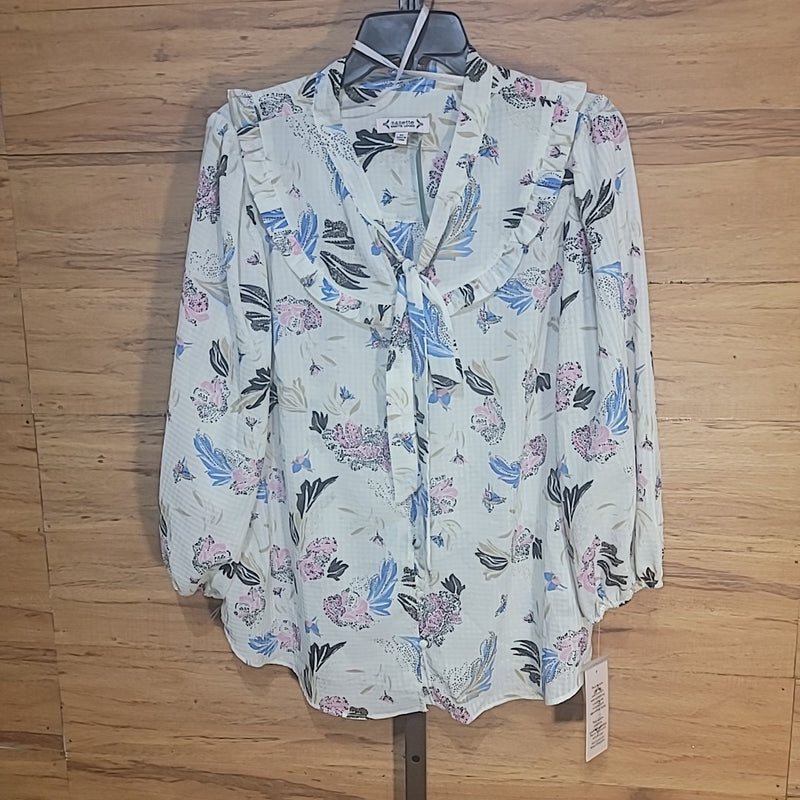 Nanette Lepore Size XL Pink & Blue Floral Pussycat Bow Neckline Blouse NWT