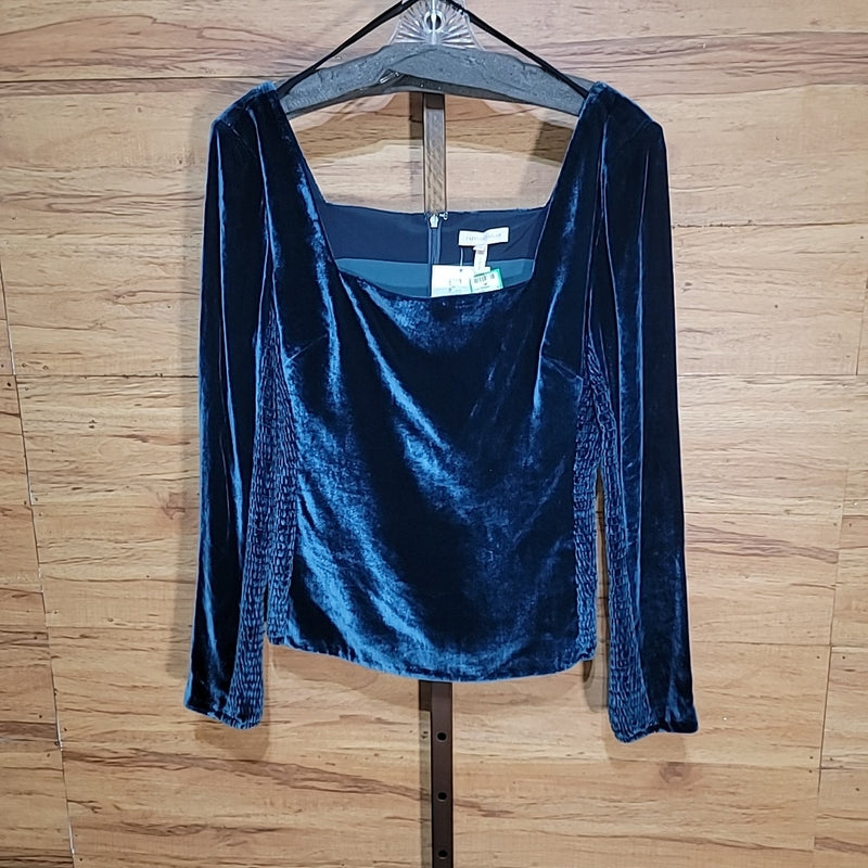 Rebecca Taylor Size 4 Teal Ruched Velvet Knit Top NWT