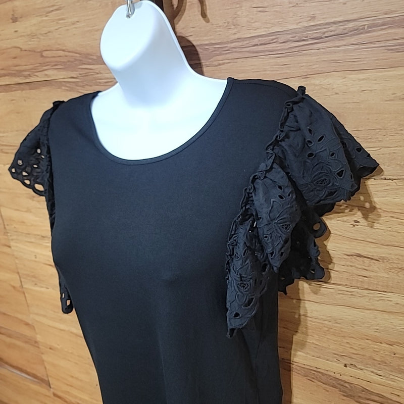 Patricia Luca Size XS Black Eyelet Ruffled Sleeve Crewneck Pullover NWT