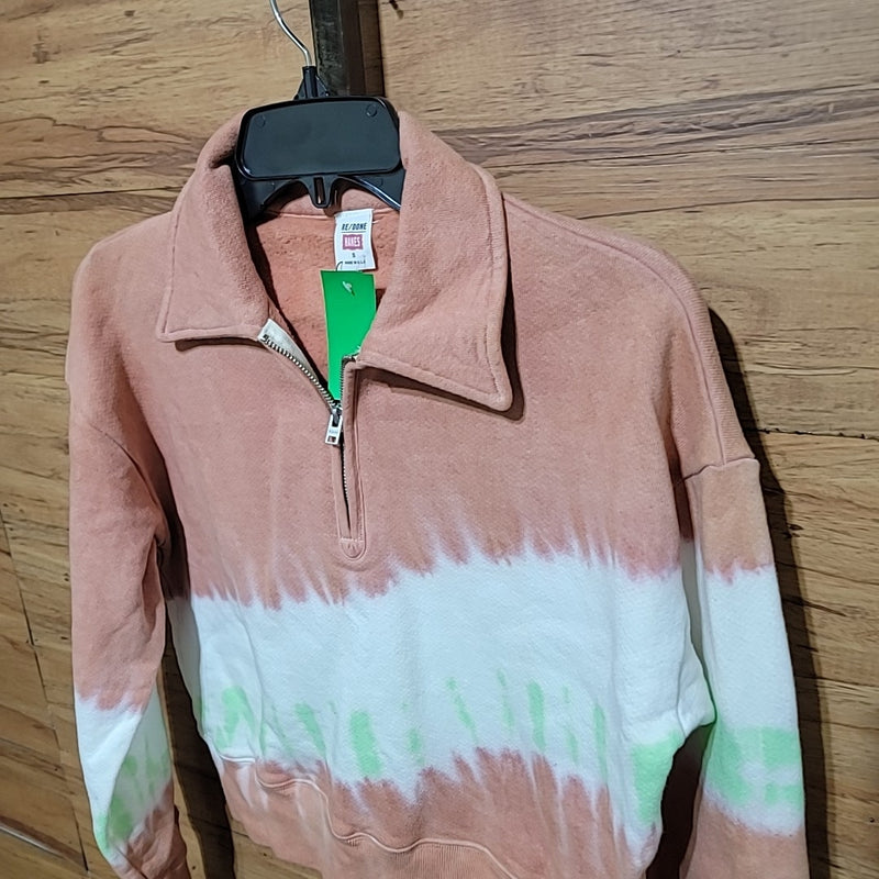 RE/DONE Size S Orange Green Tie Dye 70s Half-Zip Pullover Sweatshirt NWT