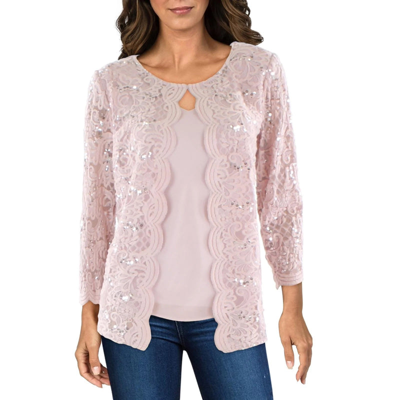 Alex Eveinings Size S Pink Attached Twinset Lace Blouse NWT