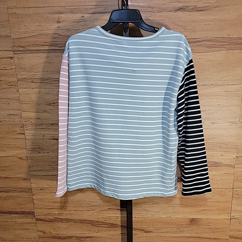 English Factory Size S Green Pink Black Striped Color Block Long Sleeve Tee NWT