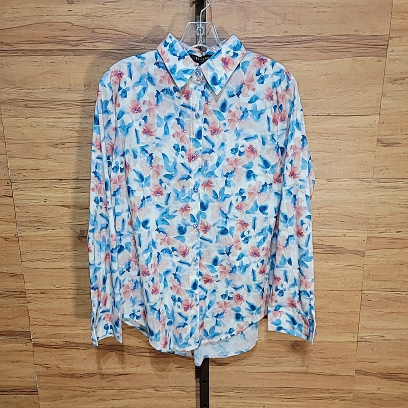 Beulah Size One Size Pink & Blue Floral Print Button Down  Blouse NWT